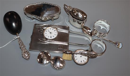 Mixed silver etc. including a silver cigarette case, silver mustard, trinket box, napkin rings, Georgian silver tongs etc ( 13)